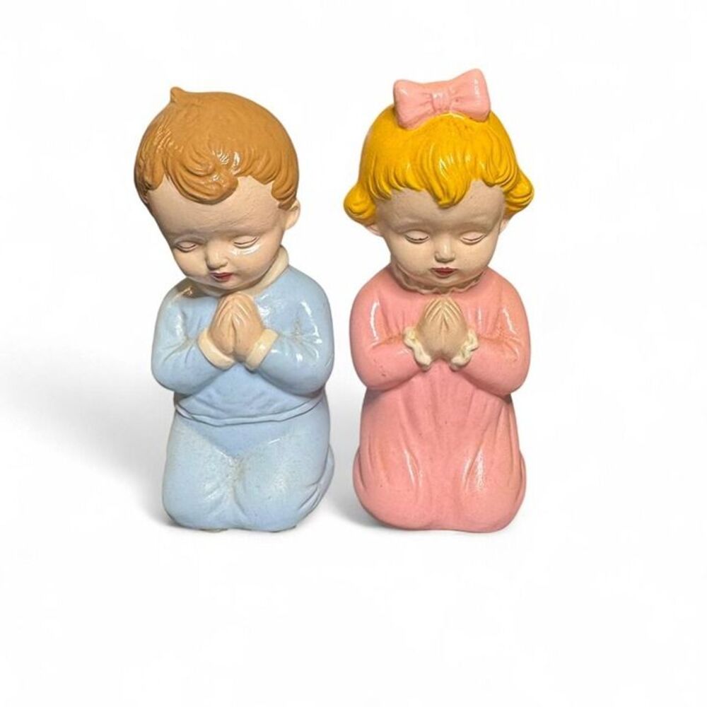 VTG Hand Painted Ceramic Praying Boy and Girl Figurines Set Nursery Grandmacore